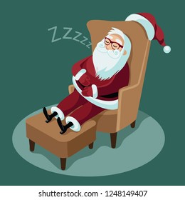 Cartoon illustration of cheerful Santa Claus asleep in a wing chair with his feet up on the ottoman. Eps10 vector in contemporary flat style. 