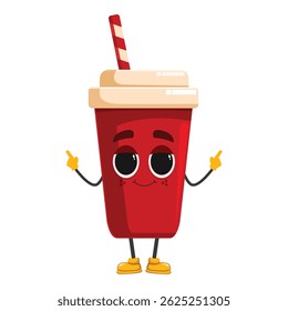 Cartoon illustration of a cheerful soda cup mascot pointing with its fingers