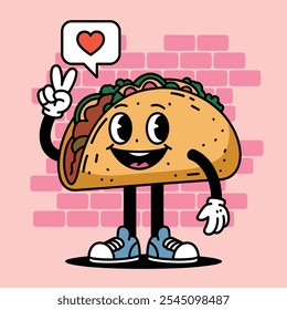 Cartoon illustration of a cheerful taco character making a peace sign, with a heart speech bubble, set against a pink brick wall background.  
