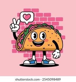 Cartoon illustration of a cheerful taco character making a peace sign, with a heart speech bubble, set against a pink brick wall background.  
