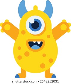 Cartoon illustration of a cheerful yellow monster with a single large eye, blue horns, and open arms, conveying a sense of fun and friendliness