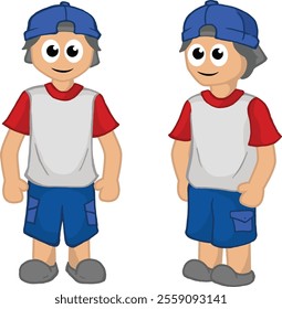 Cartoon illustration of cheerful young boys wearing red and white t-shirts with blue shorts and matching blue caps