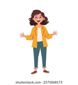 Cartoon illustration of a cheerful young woman with short hair, wearing a yellow jacket, white shirt, and jeans, standing with open arms. Perfect for happiness or lifestyle themes