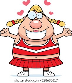A cartoon illustration of a cheerleader ready to give a hug.