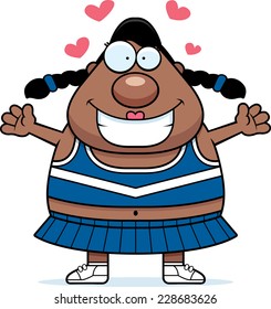 A cartoon illustration of a cheerleader ready to give a hug.