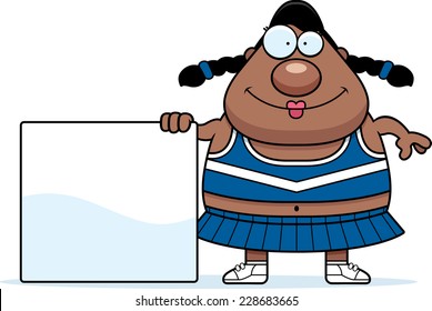 A cartoon illustration of a cheerleader with a sign.