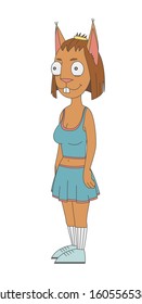 Cartoon illustration with cheerleader squirrel. Humanization. Happy squirrel - vector drawing.