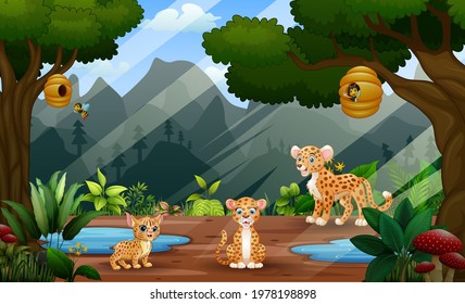 Cartoon illustration of cheetah family in the nature background