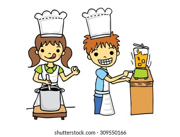 Cartoon illustration chef boy and chef girl on duty