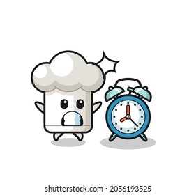 Caricatura Ilustración de sombrero de chef sorprendido con un reloj despertador gigante, diseño de estilo lindo para camiseta, pegatina, elemento logo