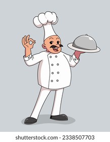 Ilustración de la caricatura de un chef besando la mano mientras sostiene una bandeja de comida