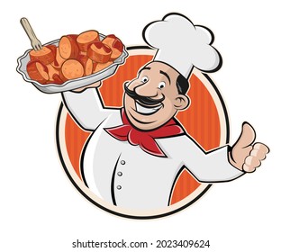 cartoon illustration of a chef serving the German specialty Currywurst