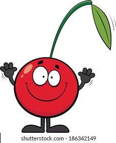 Cartoon illustration of a cherry with a big smile. 