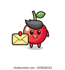 cartoon illustration of cherry holding a yellow letter , cute style design for t shirt, sticker, logo element