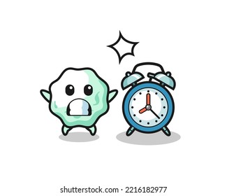 Cartoon Illustration of chewing gum is surprised with a giant alarm clock , cute design