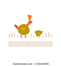 Cartoon illustration with chicken. Happy Easter card. Vector elements for the design of postcards, party invitations
