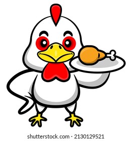 Cartoon illustration of a chicken holding a plate of fried chicken drumstick  , best for mascot or logo of fast food restaurant for kids