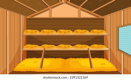 A cartoon illustration of a chicken house filled with hay and straw for egg laying