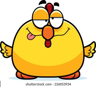 A cartoon illustration of a chicken looking drunk.