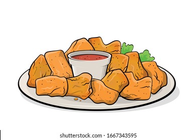 Cartoon Illustration Of Chicken Nuggets With Dip