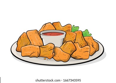 cartoon illustration of chicken nuggets with dip