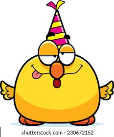A cartoon illustration of a chicken with a party hat looking drunk.