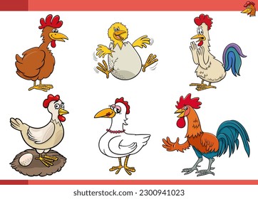 Cartoon illustration of chickens birds farm animals characters set