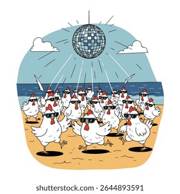 Ilustração de desenhos animados de galinhas usando óculos escuros dançando sob uma bola de discoteca em uma praia.