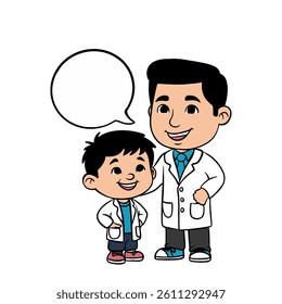 cartoon illustration of a child chatting with a doctor on a white background