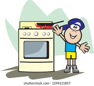 Cartoon illustration of a child in danger about to touch a heated pan