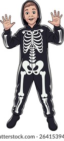 Cartoon illustration of a child dressed in a skeleton costume for Halloween