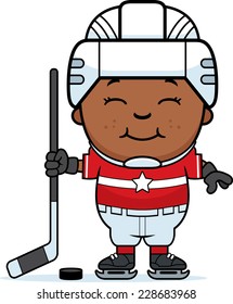 A cartoon illustration of a child hockey player smiling.