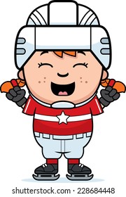 A cartoon illustration of a child hockey player celebrating.