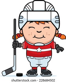 A cartoon illustration of a child hockey player smiling.