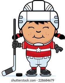 A cartoon illustration of a child hockey player smiling.