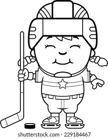 A cartoon illustration of a child hockey player smiling.