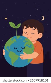 Cartoon illustration of a child hugging Earth under the night sky. Celebrating Earth Day with a message of hope and responsibility. Love the Earth, act today