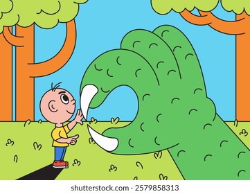 Cartoon illustration of a child interacting with a giant green hand in a sunny outdoor setting  in a fun playful style for cover book