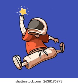 cartoon illustration of a child in orange clothes wearing an astronaut helmet jumping to catch a shining yellow star on a dark blue background