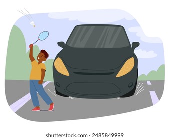 Cartoon Illustration Of A Child Playing With A Badminton Racket Near A Road While A Car Passes By. Vector Image Emphasizes The Importance Of Road Safety And Awareness For Children In Urban Areas