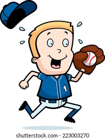 A cartoon illustration of a child playing baseball.