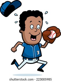 A cartoon illustration of a child playing baseball.