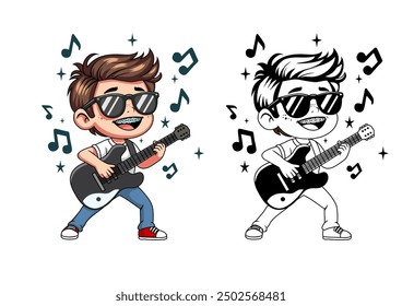  A cartoon illustration of a child playing an electric guitar while wearing sunglasses