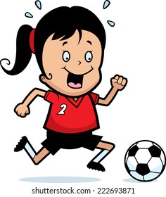 A cartoon illustration of a child playing soccer.