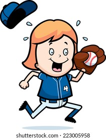 A cartoon illustration of a child playing softball.