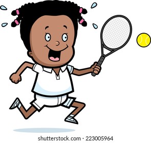 A cartoon illustration of a child playing tennis.