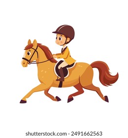 Cartoon illustration of a child riding a horse wearing equestrian gear