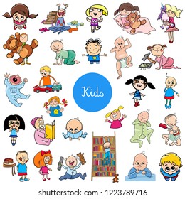 Cartoon Illustration of Children and Babies Characters Large Set