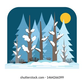 Cartoon illustration for children. Colorful poster about nature. Flat winter mixed coniferous forest, night snow landscape