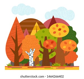 Cartoon illustration for children. Colorful poster about nature. Flat autumn forest with a colored leaves